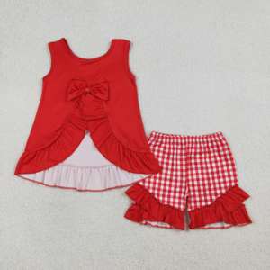 Ensemble de vêtements pour petites filles RTS printemps automne, t-shirt décontracté respirant et short, 2 pièces, rouge, nouveaux nœuds, ensembles de vêtements en gros - Product Image 2
