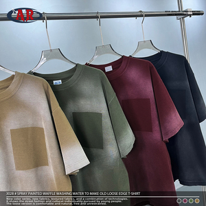 Camiseta de Manga Corta para Hombre, Estilo Urbano Moderno, 325g, con Estampado de Cuadros en Relieve, Lavada y Desgastada, con Bordes Deshilachados, ODM/OEM - Product Image 1