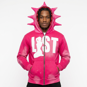 Men's Oversized Pink Hooded Sweatshirt With <b>Star</b> Spikes Zip-Up Streetwear <b>Design</b> Front Letter Print Regular Fit Autumn Wear - Product Image 1