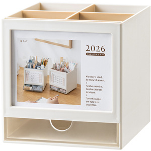 2026 <b>Plastic</b> Pen Holder Calendar <b>Storage</b> Box Square Desktop Organizer Office Use With <b>Drawer</b> And Compartment - Product Image 2