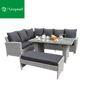 Space saving aluminum rattan furniture patio outdoor dining sectional sofa and table in garden sets