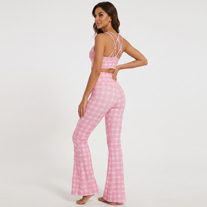 Pink <b>Checkered</b> 2 Piece Yoga Set Crisscross Strap Crop <b>Top</b> High Waist Flared Pants Breathable Spandex Cotton - Product Image 1