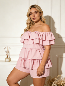 Joyinspring - Pantalones de una Pieza para Mujer, Talla Grande, Color Rosa, Hombros Descubiertos, con Volantes, Sólidos, de Verano, de Secado Rápido, Tejido de Punto, Corte Regular - Product Image 4