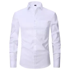 De Boa Qualidade Homens Mistura De Algodão Formal camisa sólida Manga Longa escritório uniforme em branco Vestido Branco business smart casual shirts