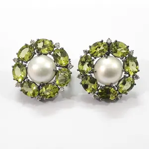 Always Trendy Design Solid 925 Sterling Silver Natural Pearl Peridot Gemstones Huggie Earrings Jewelry For Girlfriend