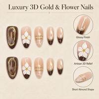 H005-16 Kaixin Grosir Kuku Palsu Almond Sedang Warna Nude Pink Coklat French Tip Emas Foil Motif Zebra Bunga Mengkilap