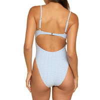Blauw gingham-badpak voor dames, uitgesneden, hoog uitgesneden, getextureerd badpak met beugel en uitsnijding