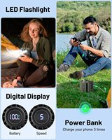Ventilateur portable de ceinture 5 vitesses USB-C, batterie Li-Polymère, autonomie 40H, flux d'air puissant 16000 tr/min, pour extérieur, haut-parleur, lampe torche 12W