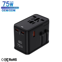 Adaptateur de voyage universel IBD GaN PD 75W avec 3 ports USB-C et 1 port USB-A pour prises US, EU, AU, UK - Charge rapide pour ordinateurs portables, téléphones, appareils photo