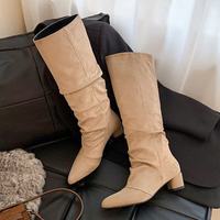Bottes d'équitation montantes en cuir véritable à bout pointu et talon épais pour l'hiver