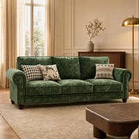 Canapé trois places en velours vert avec coussins, garniture cloutée et accoudoirs roulés, pour salon, vente en gros, direct usine