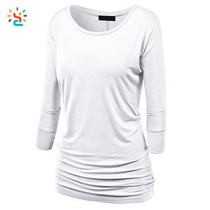 Venta al por mayor 3/4 manga Camiseta de algodón camiseta de las mujeres Plain Slim Fit O-cuello túnica camiseta de palangre - Product Image 2