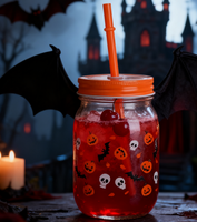 Impression personnalisée en gros 15oz 450ml tasse à café de jus d'eau peut façonner le verre à bière avec paille et couvercle en bambou pour Halloween