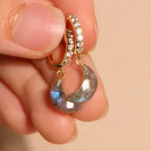 Light luxury 925 sterling silver diamond hoop gold plated natural crescent labradorite gem drop earrings