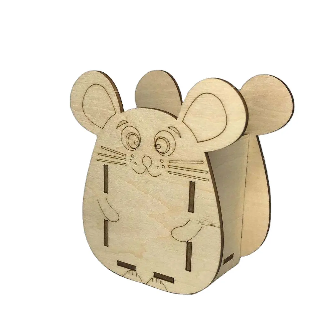 Laser Cut Wooden Pen Holder Box Cartoon Mouse Engraving Wooden Desktop Pen Holder For Home Decoration