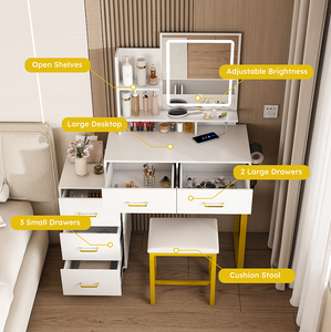 Modern Makeup Vanity <b>Table</b> with LED Lights & 3-Color Power Outlet 5 Drawers Sturdy Metal <b>Legs</b> & Chair for Bedroom/Living Room - Product Image 4
