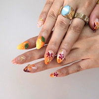 Ongles en acrylique à presser, motif Île Tropicale Orange Coucher de Soleil, fleurs 3D, coquillages, palmiers, chaîne dorée, longueur moyenne, 10 pièces