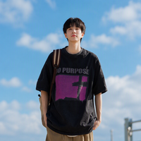 T-shirt Oversize da Uomo 280g 100% Cotone, Grafica Retrò Viola, Motivo Personalizzato, Vestibilità Ampia, Nero Lavato, Stile Streetwear