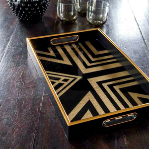 Plateau carré en bois de luxe moderne avec bord doré, motif géométrique, poignée intégrée, réutilisable, léger, écologique, compatible lave-vaisselle, pour les fêtes - Product Image 1