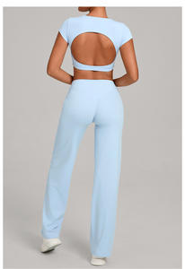 Completo Sportivo Traspirante con Maniche Corte e <span class=keywords><strong>Pantaloni</strong></span> Dritti, Abbigliamento Attivo Effetto Nudo, Set Yoga - Product Image 3