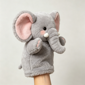 Marionnette éléphant grise moelleuse personnalisée avec oreilles intérieures roses et longues trompes blanches, pour des histoires interactives sur le thème du safari pour enfants - Product Image 5