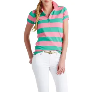 Custom Oem Dames Gestreept Poloshirt In Roze En Groen Perfect Voor Golf En Vrijetijdskleding