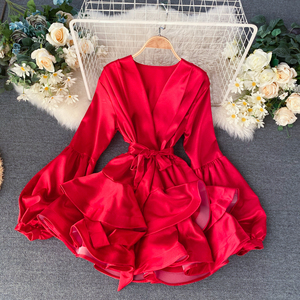 Vestido Casual de Moda con Cuello en V y Mangas Farol de Satén para Mujer, Estilo Europeo y Americano - Product Image 3