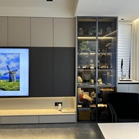 Mueble de TV Moderno de Madera con Diseño de Chimenea con Luz LED, Elevador de Pared para Sala de Estar y Uso en Hoteles
