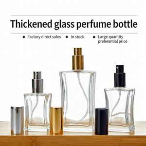 Flacon de parfum de luxe 100 ml en verre plat carré, élégant, vide, en cristal, pour voyage, rechargeable, avec bouchon à vis et pulvérisateur - Product Image 1