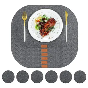 Unique Design 6 Pieces Oval Felt Placemats and 6 Pieces Round Felt Coasters with Leather Label