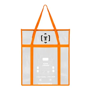 Шелковая печать логотипа, большая прозрачная упаковка, водонепроницаемая сумка-тоут из ПВХ на молнии с длинной тканой ручкой
