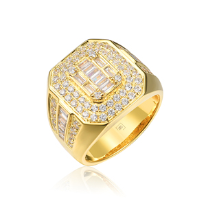 Luxury 14K Solid Gold Cocktail <b>Ring</b> With Baguette Cut Diamonds Pave Setting Geometric Design <b>Men's</b> Jewelry - Product Image 1