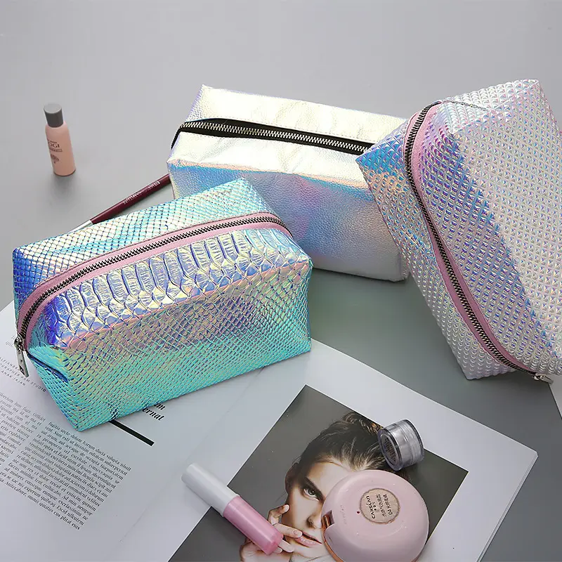 Groothandel Dazzling Kleur Laser Pu Cosmetische Pouch Reizen Draagbare Shiny Glitter Vierkante Make-Up Tas Waterdicht