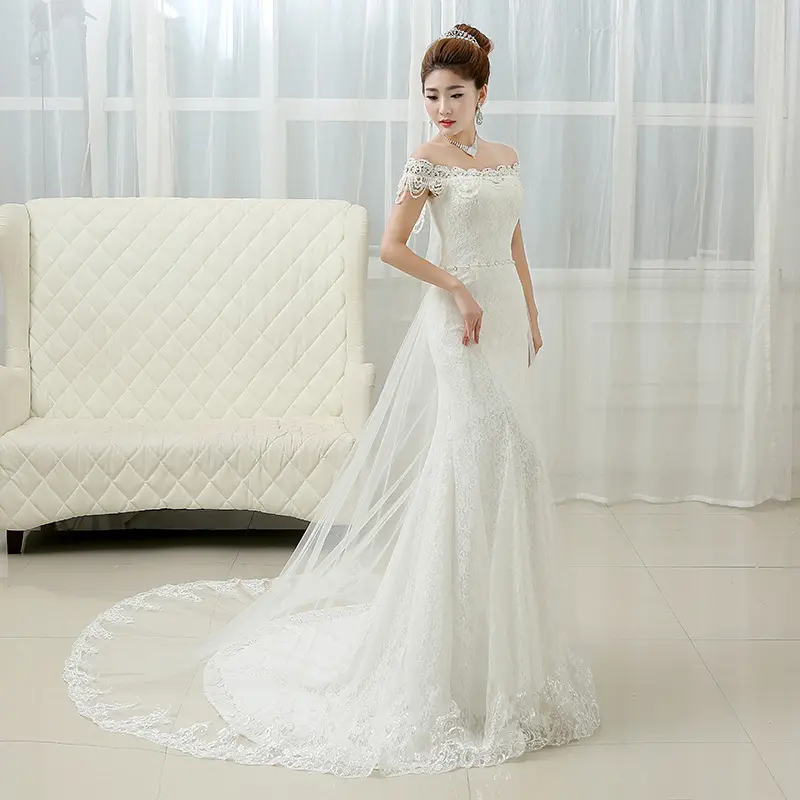 Hot Sale Romantic Strapless Pearl Beaded Korea Style Sexy Lace Flower Mermaid Tail Wedding Dress