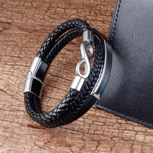 High Quality Stainless Steel Infinite Symbol Men's <b>Bracelet</b> Name Customized Three-Layer <b>Leather</b> Woven <b>Leather</b> <b>Bracelet</b> - Product Image 4