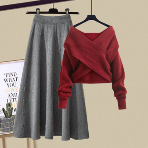 Nouvel ensemble de tricot pour femmes <span class=keywords><strong>Pull</strong></span> en tricot de <span class=keywords><strong>grande</strong></span> <span class=keywords><strong>taille</strong></span> Costume d'hiver à manches longues et col en V pour femmes Ensemble deux pièces pour femmes - Product Image 4