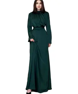 New Satin Temperament Stand Collar Long Sleeve High Waist Dress-Simple Polyester Conservative Muslim Dress Cabaya