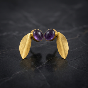 Boucles d'oreilles pendantes en laiton plaqué or 18 carats avec améthyste naturelle, motif feuille ovale, bijoux religieux mignons pour femmes, idéales pour les fêtes - Product Image 2