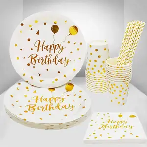 125 Buah Putih dan Emas Perlengkapan Pesta Ulang Tahun Piring Kertas Ulang Tahun Cangkir Kertas dan Serbet Set untuk Pesta Ulang Tahun Piring
