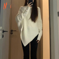 Damen Eleganter Vielseitiger Einfarbiger Rollkragenpullover Frühling Locker Sitzende Fledermausjacke Gehäkelter Woll/Acryl Langer Stil