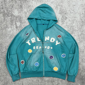 500Gsm Zipper Heavyweight Custom Y2k Applique Broderie Streetwear French Terry Acid Wash 100% Cotton Sun Faded Zip up Hoodie - Product Image 5