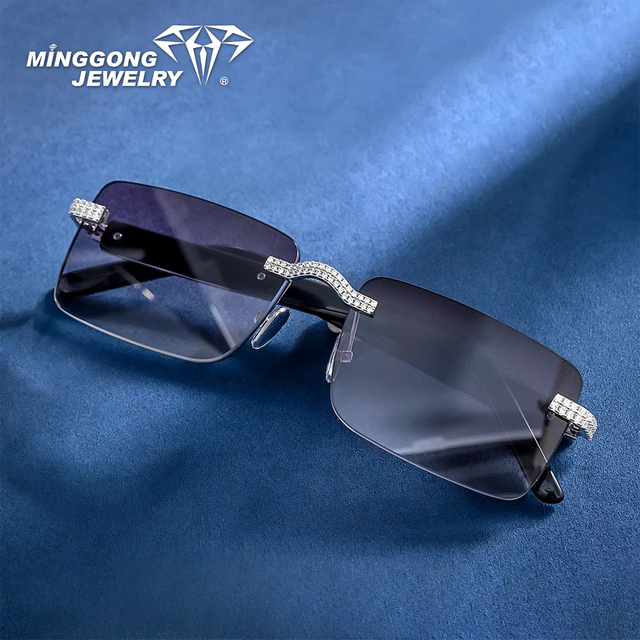 Trendy S925 Moissanite Iced Diamond Rimless Sunglasses Optically Mirrored Light Weight Comfortable Hip-hop Style Jewelry Gift