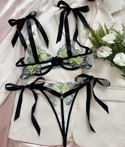 Wholesale Butterfly Embroidery Lingerie Set Sexy Sheer Mesh Underwire <b>Bra</b> and Tie <b>Straps</b> Thong Panties Set Lace Underwear Set - Product Image 2