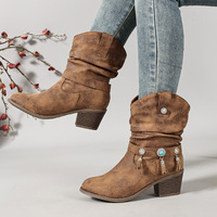 Bottes de cowboy western mi-mollet à talon épais avec sangles, pampilles ornées de pierres, fermeture à enfiler, grande taille, pour femme, rehaussantes, hiver