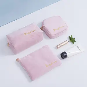 Professional Travel Toilery Bag With Embroidery Logo Custom Luxury Beauty Makeup Pouch Velvet Cosmetic Bag With Zipper Closure