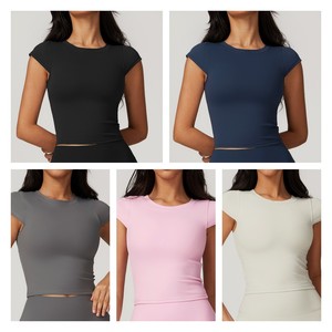 High <strong>Stretch</strong> Tights Quick-Drying Clothes Gym Sport Padded <strong>T</strong> <strong>Shirts</strong> Running Workou Tank Tops Yoga Short Sleeves for <strong>Women</strong> - Product Image 3