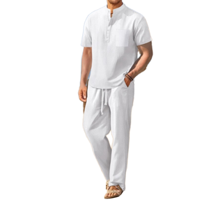 Ensemble 2 pièces pour homme, t-shirt à manches courtes en coton et lin, tricoté, respirant, décontracté, pour l'été, tendance - Product Image 1