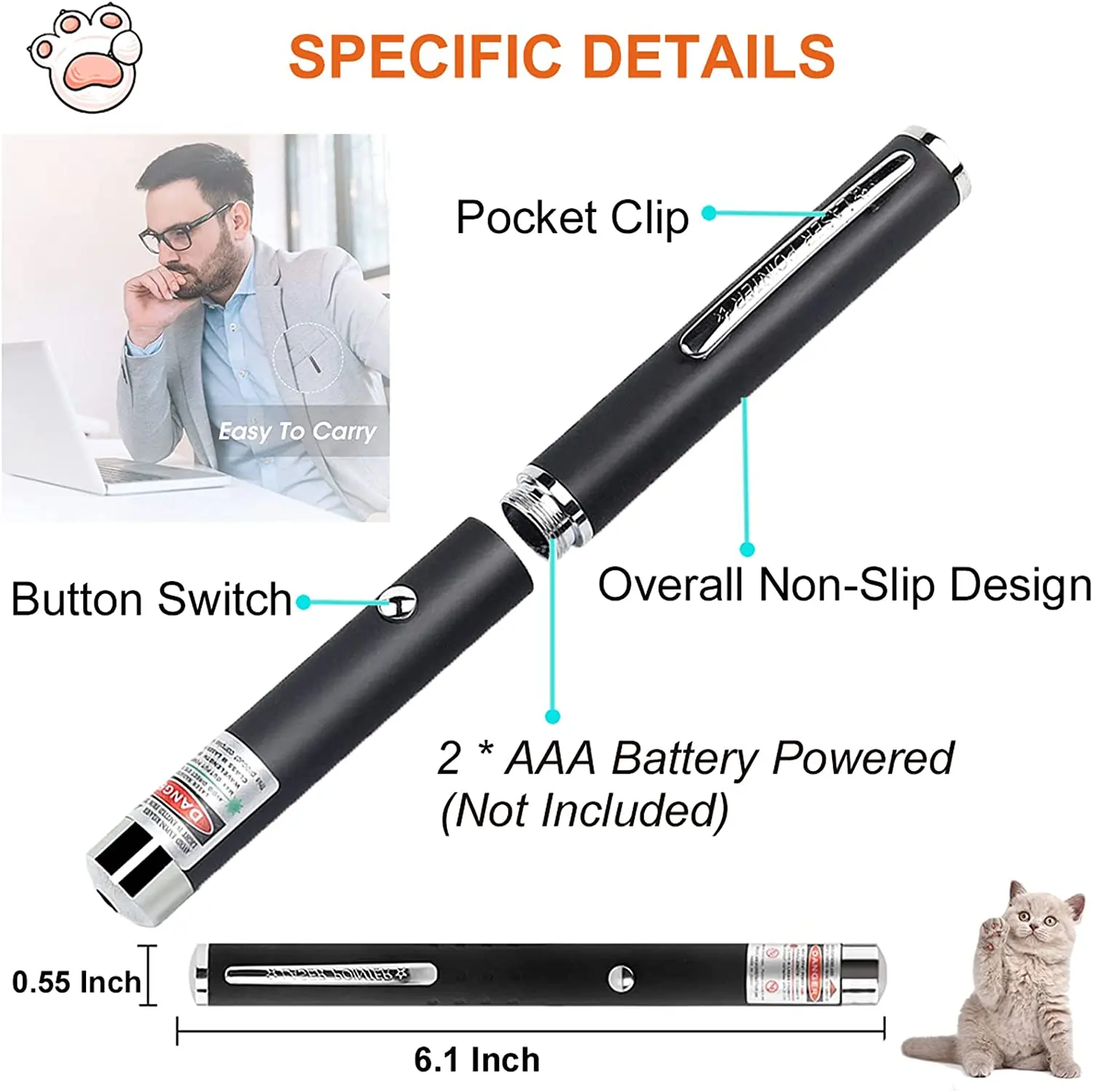 Petdom-Bolígrafo de luz láser de alta potencia, juguete interactivo de entrenamiento para gatos, perros y mascotas, puntero sostenible