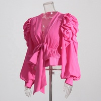 ZHEZHE nouveautés col en V manches bouffantes plissées dames chemises pour femmes à volants à lacets taille femmes Blouses