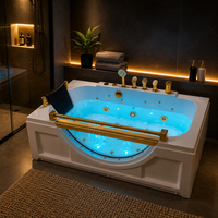 Baignoire de massage Whirlpool autoportante en acrylique avec panneau frontal en verre, robinet doré, douchette à main, pour salle de bain intérieure et hôtel